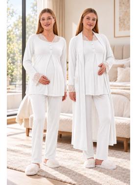 Mecit 6330 Ekru Sabahlıklı Lohusa Pijama Takımı